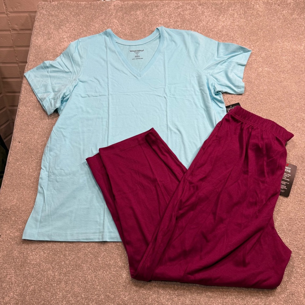 Woman Within Loungewear Blue V-Neck Tee Petite Berry Elastic Waist Pants NWT 1X